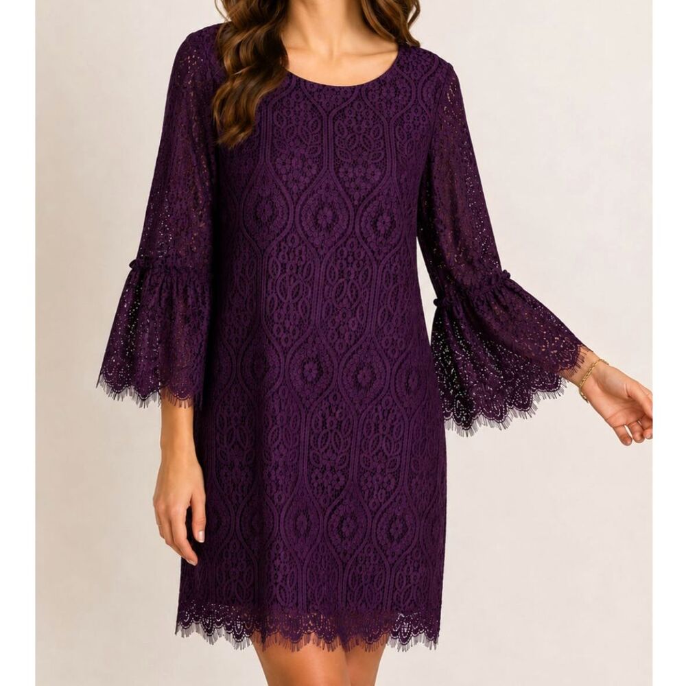 RN Studio by Ronnie Nicole Purple Lace Bell Sleeve Shift Dress size 12 NWT